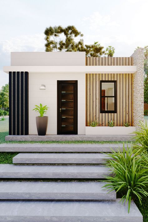 Front Houses Modern, Simple Front House Design, Exterior Simple House Design, Boxed House Design, Front House Design Simple Small, Rectangle House Exterior Modern, Facade Design Small House, Rectangular House Exterior, Tiny House Design 1 Bedroom