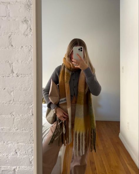 #scarf #scarves #acnestudio #styleblogger #falloutfit #winteroutfit Neck Scarf Winter, Plaid Scarf Aesthetic, Checkered Scarf Outfit, Check Scarf Outfit, Orange Scarf Outfit, Beige Scarf Outfit, Colorful Scarf Outfit, Scarf Winter Outfit, Plaid Scarf Outfit