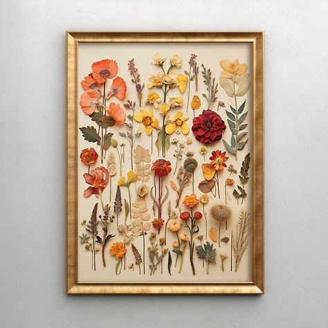 "Title: \"Dried Flower Illustration\" Style: Botanical Illustration, Vintage-Inspired Wall Art, Digital Art, Boho Decor, Instant Download, Autumn Art Print, Rustic Home Decor PLEASE NOTE: You are not purchasing real dried and pressed flowers. This is a highly detailed illustration print. With this purchase, you will receive a PDF of 4 𝐉𝐏𝐆 𝐟𝐢𝐥𝐞𝐬 in 𝐇𝐢𝐠𝐡 𝐑𝐞𝐬𝐨𝐥𝐮𝐭𝐢𝐨𝐧 (300 DPI or more) that can be  printed in the following sizes with amazing quality: ◆ 3:4 ratio file to print: I Aesthetics Wall Decor, Floral Bathroom Decor Ideas, August House Decor, Pressed Flower Decorations, Dried Herb Decor, Boho Vintage Home Decor, Wedding Flower Art, Boho Knick Knacks, Wall Decor Inspo Living Room