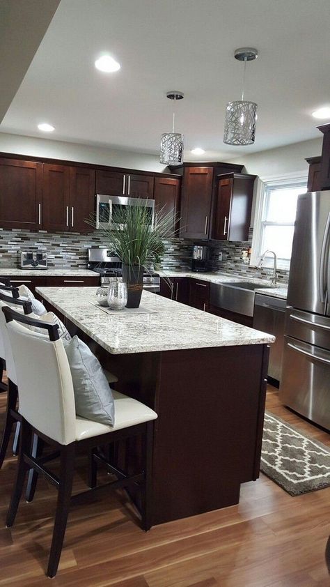 Brown Cabinets Kitchen, Backsplash Kitchen White Cabinets, Dark Brown Cabinets Kitchen, Light Countertops, Dark Brown Cabinets, Patterned Tile Backsplash, Light Floors, Brown Kitchen Cabinets, Classic White Kitchen