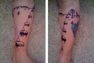 nice chairlift leg tattoo Chairlift Tattoo, Snowboard Tattoo, Snowboarding Tattoo, Skiing Tattoo, Filipino Tattoos, Ski Art, Getting A Tattoo, Leg Tattoo, Ink Ideas