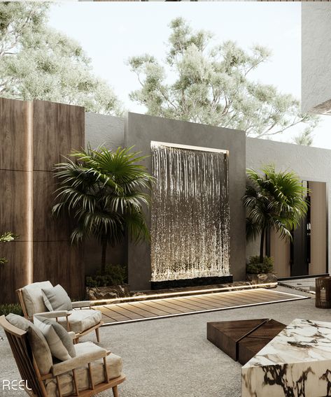 Garden Sitting Area, Kolam Air, Minimal Interiors, Taman Air, Terrace Garden Design, تصميم داخلي فاخر, Ikan Koi, Modern Backyard Landscaping, Fountain Design