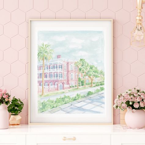 Charleston Watercolor, Rainbow Row Charleston, Painted Wall Art, Rainbow Row, Hand Painted Wall Art, Watercolor Map, Hand Painted Walls, Painted Wall, Map Art Print