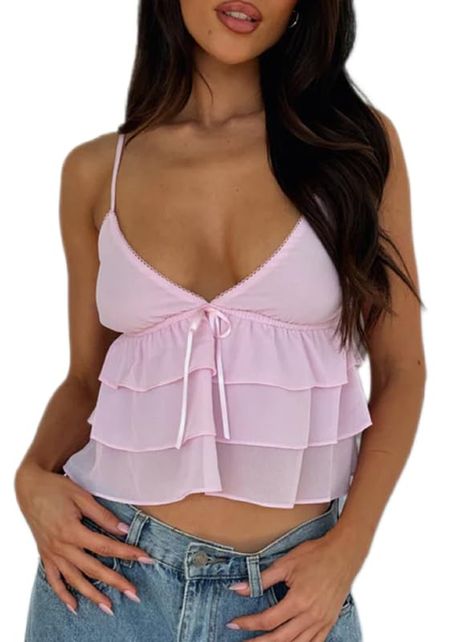 PRICES MAY VARY. ✿High-quality material: Ruffle cami tops for women,chiffon babydoll top,frill trim cami top,sheer babydoll tops for women,chiffon tops for women, are made of 100%polyester, a skin-friendly fabric, soft, comfortable to wear, breathable, and non-irritating. ✿Features:Spaghetti strap lace camisole,womens y2k sexy sheer lace frill top,summer spaghetti strap tank tops for women, solid color, frill shoulder strap, satin bowknot front, sleeveless, lace trim v-neck, ruffle trim detailin Tank Tops Summer, Backless Tank Top, Pink Head, Cropped Camisole, Women Y2k, Hem Design, Summer Tank Tops, White Fox, Neck Crop Top