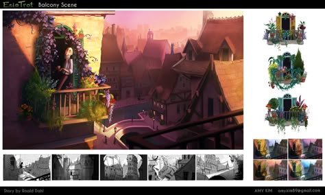 balcony - Amy Kim Visual Development Portfolio, Concept Artist Portfolio, Cityscape Drawing, Animation Portfolio, 포트폴리오 레이아웃, Animation Artwork, Artist Portfolio, Scene Design, Prop Design