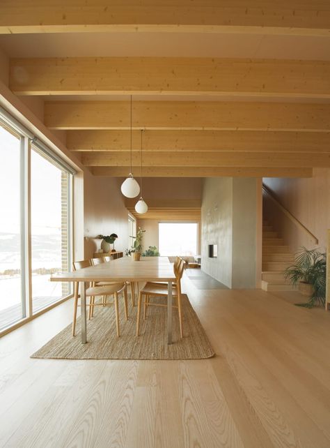 L Shaped House, Library Living Room, Open Ceiling, Brick Cladding, Roof Beam, Light Hardwood, Light Hardwood Floors, Timber Structure, Concrete House