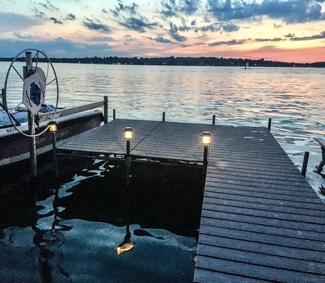 LED Solar Pathway Lights on a dock. Dock lights for a lake house. Lake house dock lights. Lit dock at night. Outdoor light ideas for a dock. #Dock #light #ideas House Must Haves, Lake House Backyard, Lake House Dock, Dock Lights, Lake Landscaping, Outdoor Lighting Ideas, Brick Fire Pit, Lake Dock, House Lake