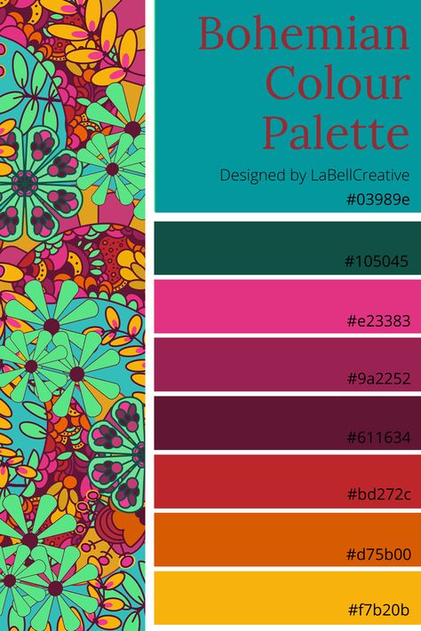 Bold bright bohemian inspired colour palette Boho Color Pallet Colour Schemes, Colourful Boho Interior, Bohemian Inspiration Board, Boho Colours Pallet, Boho Bright Colors, Bohemian Colorful Living Room, Bollywood Color Palette, Bohemian Color Pallete, Bohemian Palette Colour