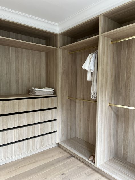 L Shape Walk In Wardrobe Design, Bedroom Robes Built Ins, Timber Walk In Robe, L Shape Walk In Robe, Wabi Sabi Walk In Closet, Simple Walk In Wardrobe, Walk In Robes Ideas Layout, Walk In Wardrobe Organisation, Small Walk In Robe