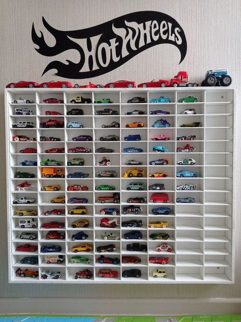 Hotwheels Storage Wooden, Hot Wheel Decor Kids Rooms, Hot Wheel Car Display Ideas, Hot Wheel Wall Display, Hotwheels Bedroom Ideas, Hot Wheels Wall Display, Hotwheels Storage, Hot Wheels Storage Display, Hot Wheels Room Decor