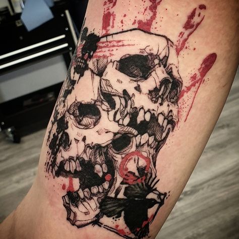 Trash polka skulls | By Brennan | Done at The Swallows Nest Tattoo | May 21st 2019 | 1001515 Arte Trash Polka, Tattoo Stockholm, Trash Polka Art, Tatuaje Trash Polka, Trash Polka Tattoo Designs, Tattoo Trash, Earth Tattoo, Polka Tattoo, Skull Sleeve Tattoos