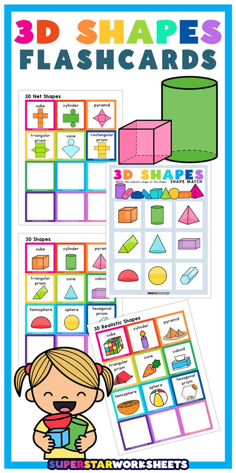 FREE 3D Shapes Flashcards for kids! We are now offering a set of printable 3D realistic shape flashcards for children. 3D shapes flashcard printables make learning geometric shapes fun! #superstarworksheets #3dshapes #geography #flashcards #crafts #free #math #shapes Geography Flashcards, 3d Shapes Nets, 3d Shapes Activities, Math Shapes, Shapes Flashcards, Printable Shapes, Homeschool Board, Flashcards For Kids, Learning Shapes