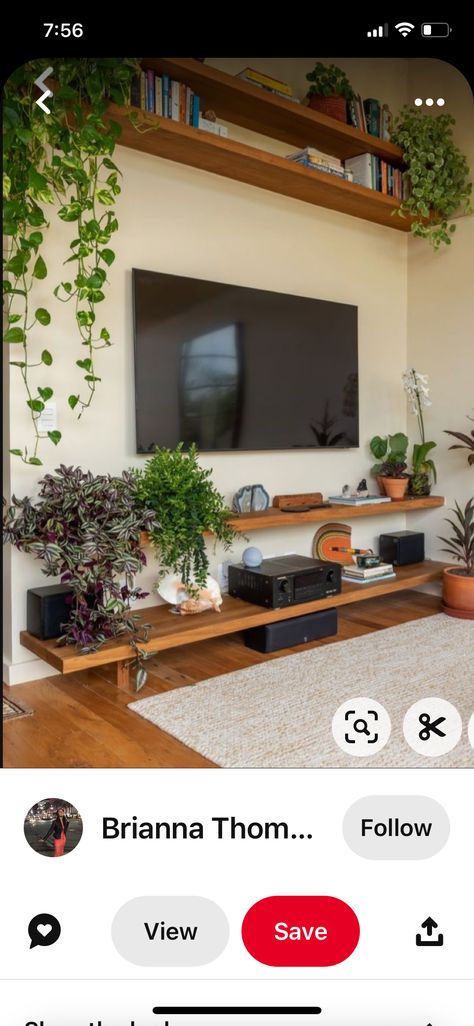 Bedroom Wall Tv Ideas, Plants Above Tv Living Rooms, Decorating Around Mounted Tv, Floating Entertainment Shelves, Tv With Shelf Above, Wall Shelf Under Tv, Under Tv Shelves, Open Shelving Around Tv, Wall Shelf Above Tv