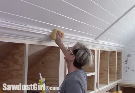 Crown Moulding on Angled Ceiling - Sawdust Girl® Slanted Ceiling Paint Ideas, Ceiling Trim Ideas, Moulding Styles, Cove Lighting Ceiling, Diy Upholstered Storage Bench, Bonus Room Design, Groove Ceiling, Sawdust Girl, Angled Ceiling