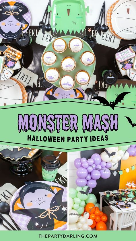 Monster mash party decorations for a kid-friendly Halloween party Monster Mash Backdrop, Kids Halloween Birthday Party Decor Ideas, Monster Mash 1st Birthday Party, Classic Monster Halloween Party, Monster Bash Halloween Party, Monster Mash Decorations, Kids Halloween Party Themes, Monster Mash Trunk Or Treat, Kid Halloween Party Ideas