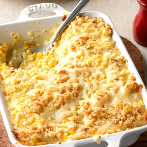 Swiss Corn Casserole Recipe -My mom shared this recipe with me back in the '80s and now it's a Turkey Day mainstay. We freeze locally grown corn during peak season, and I love to use it in this special side. —Wendy Young, Cordova, Maryland Swiss Corn Bake, Swiss Corn Casserole, Corn Casseroles, Sweet Corn Casserole, Thanksgiving Casserole Recipes, Scalloped Corn, Thanksgiving Casserole, Texas Caviar, Corn Casserole Recipe