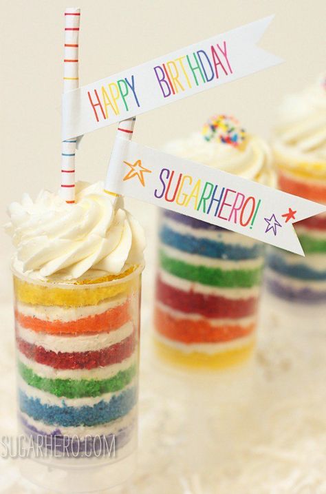 Rainbow Cake Push-Up Pops | SugarHero.com Push Pops Recipes, Push Cake, Cake Push Pops, Push Up Pops, Rainbow Desserts, Rainbow Frosting, Pop Cupcakes, Rainbow Birthday Cake, How To Make Cupcakes