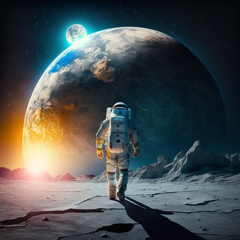 Experience the breathtaking beauty of our universe as you join a NASA astronaut on a high-definition moonwalk, jumping from mountain to mountain and witnessing the stunning view of our planet Earth in ultra-realistic 4K. #NASA #moonwalk #4Kresolution #photorealistic #spaceadventure #earthview Astronaut On The Moon, Walking On The Moon, Nasa Art, Nasa Pictures, Astronaut Tattoo, Earth View, Nasa Astronaut, Moon Walk, Meeting Space