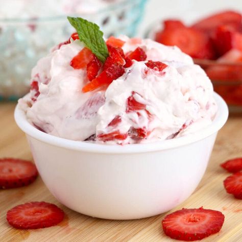 Strawberry Cheesecake Fluff Salad - Kitchen Divas Strawberry Cheesecake Fluff, Cheesecake Fluff Salad, Jello With Cool Whip, Cool Whip Pies, Cheesecake Fluff, Cheesecake Fruit Salad, Fluff Salad Recipes, Strawberry Fluff, Fluff Salad