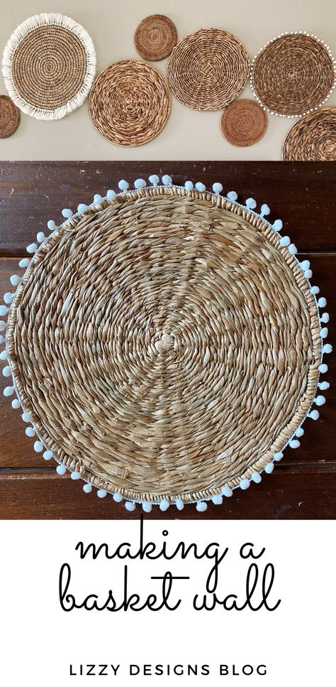 There are several things to think about when making a basket wall. Also how to add a little extra something to your baskets! ~Lizzy Designs Blog #basketwall Wicker Basket Wall Art Diy, Wicker Basket Wall Art Nursery, Diy Boho Wall Basket Decor, Boho Basket Wall Art Diy, Diy Boho Basket Wall Decor, Diy Basket Wall Boho, How To Make A Basket, Wall Basket Ideas, Diy Basket Wall Decor