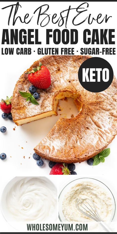 Low Carb Keto Angel Food Cake Recipe - Fluffy keto angel food cake makes the best light dessert! This low carb angel food cake recipe with almond flour and coconut flour has only 2g net carbs per slice. #wholesomeyum #keto #ketodessert #ketocake #angelfoodcake #summerdessert #lowcarbdessert Sugar Free Angel Food Cake Recipe, Keto Angel Food Cake, Gluten Free Angel Food Cake, Recipe With Almond Flour, Light Dessert, Low Carb Low Fat Recipes, Low Carb Cake, Sugar Free Low Carb, Best Low Carb Recipes