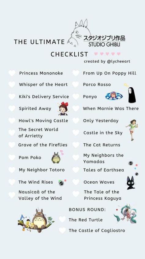 for fans of studio ghibli!! SPIRITED AWAY IS MY FAVE HOW ABOUT YOURS???  #anime #studioghibli #spirited away #checklist #movie #list #netflix Anime Checklist, Studio Ghibli Movie List, All Studio Ghibli Movies, Anime Chart, Secret World Of Arrietty, Studio Ghibli Background, Movie To Watch List, Netflix Anime, Animes To Watch