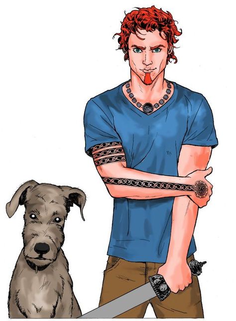 Atticus & Oberon from the Iron Druid Chronicles by Kevin Hearne ... Iron Druid Chronicles, The Iron Druid Chronicles, Iron Druid, Male Witches, Druid Tattoo, Tarot Inspiration, Movie Critic, Modern Mythology, Hellboy Art