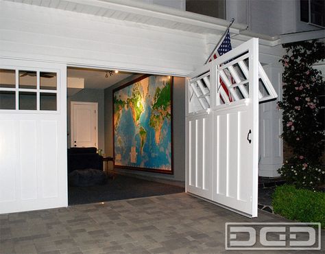 <b>Swing out carriage doors for garage door</b> conversions are the perfect way to add curb appeal and functionality to any home. These <b>custom crafted carriage doors</b> replaced an existing <b>roll-up garage door</b> that wasn't working well with the newly converted garage. The overhead track, torsion spring arrangement on the wall and back side of the garage door were just clashing with the finished interior. Replacing the existing <b>overhead garage door</b> with <b>real carriage doors... Open Garage, Carriage Garage, Garage Playroom, Roll Up Garage Door, Carriage Garage Doors, Garage Door Windows, Door Projects, Garage Door Types, Overhead Garage Door