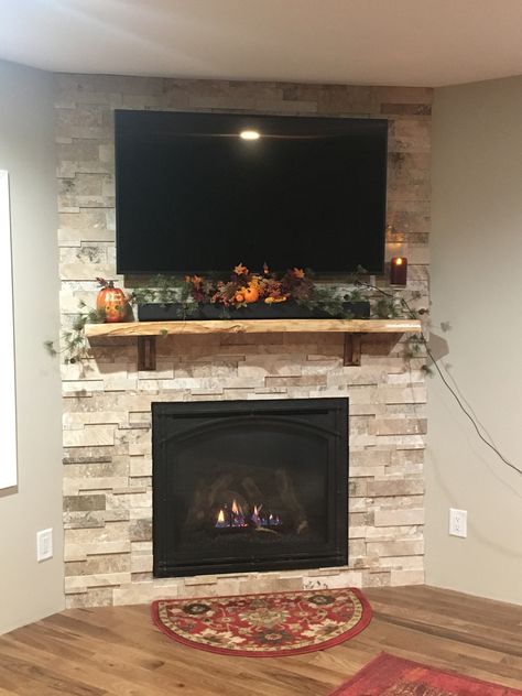 Corner Stone Fireplace With Tv, Stone Wall Fireplace With Tv Corner, Gas Fireplace For Corner, Corner Fireplace Mantle Decor With Tv, Corner Fireplace In Basement, Corner Chimney Ideas, Build Corner Electric Fireplace, Corner Electric Fireplace Ideas With Tv Diy, Corner Fireplace Basement Ideas