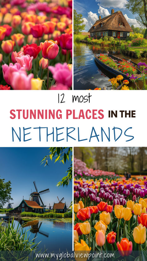 A collage of vibrant scenes showcasing Giethoorn Village, colorful tulip fields, and traditional windmills, representing some of the most beautiful places in the Netherlands and ideal Netherlands travel destinations for those planning to travel to the Netherlands or visit in April during the prime tulip season. Holland Travel Netherlands, Netherlands Travel Guide, Netherlands Bucket List, The Netherlands Travel, Netherlands Pictures, Giethoorn Village, Tulip Fields Netherlands, Giethoorn Netherlands, Netherlands Travel Destinations