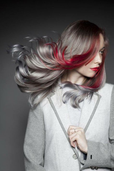 Red And Grey Hair, Red Hair Streaks, Blood Red Hair, Hair Streaks, Grey Hair Color, Creative Hairstyles, Red Hair Color, Cool Hair Color, Hair Color Trends