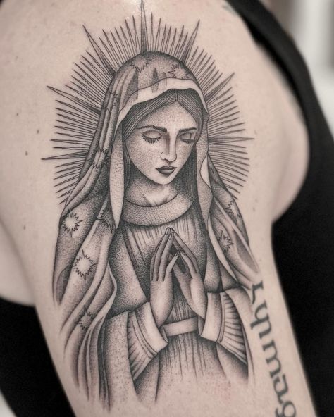 Virgin Mary for Christian. Thank you! . . . #virginmary #virginmarytattoo #finelinetattoo #bishopwand #magicmoontattooneedles #magicmoontattoosupply #tattoo #herzdame #comfortcarts #fullcircletattoo #sandiego #sdtattoo #sdtattooartist #finelinetattoos #blackandgreytattoo #stippling #stippletattoo Virgin Mary Flash Tattoo, Chicano Virgin Mary Tattoo, Modern Virgin Mary Tattoo, Virgin Mary With Roses Tattoo, St Therese Tattoo, Crying Virgin Mary Tat, Mother Mary Tattoo For Women, Virgin Mary Praying Tattoo, Angel Tattoo On Wrist