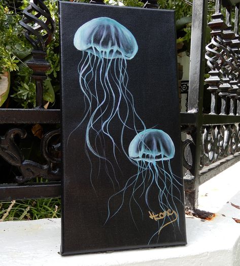 Original oil of jellyfish on a 8 X 16 black canvas.  The sides are painted so there is no reason to frame unless you really wanted to. Heavy Gel Medium Painting, Jellyfish Drawing On Black Paper, Black Canvas Paintings Ideas, Jelly Fish Painting Black Canvas, Black Canvas Drawing, Large Art Ideas, Jellyfish Oil Painting, Paintings Black Canvas, Jellyfish Art Acrylic