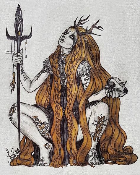 #Repost @inasunart  3.Inktober - The völva What kind of witches do you like? - So this is my ancestors witches from Norway. A little piece of our forgotten culture Read below if you want to know more about these witches! - THE VÖLVA THE NORSE WITCH The völva is a traditional witch originating from scandinavia in the viking age. She practice a magick which is called seidr which includes fate-magick and shamanism. She travels to the underworld during rituals and tells fate to those who asks. She w Norse Witch, Art Viking, Norse Goddess, Norse Tattoo, Norse Pagan, Pagan Art, Fantasy Magic, Viking Art, Sun Art