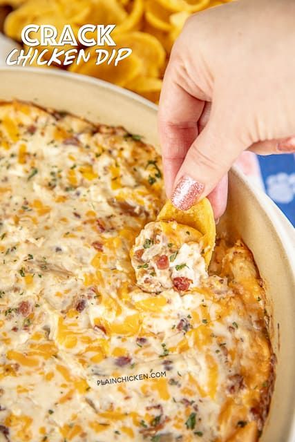 Warm Crack Chicken Dip - Football Friday - Plain Chicken Warm Dip Recipes, Football Friday, Dips Recipes, Delicious Dips, Chicken Dip Recipe, Popper Dip, Celery Sticks, Butter Substitute, Colby Jack