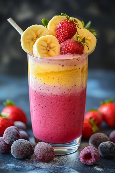 Layered fruit smoothie topped with banana slices and strawberries. Yummy Smoothie Ideas, Wake Up Smoothie, Aesthetic Smoothie Pictures, Smoothie Wallpaper, Kids Smoothie Recipes, Smoothies For Pregnancy, Smoothies For Diabetics, Frozen Fruit Smoothie Recipes, Smoothie Recipes For Breakfast