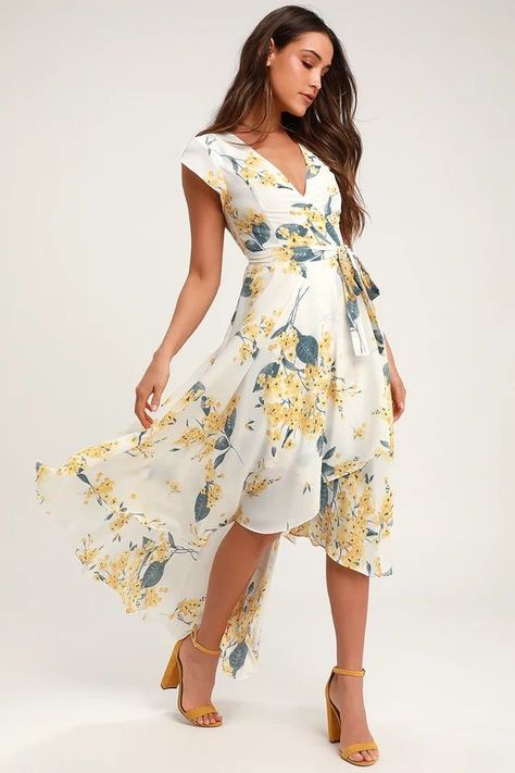 French Countryside White and Yellow Floral Print High-Low Dress | Lulus Yellow Floral Print Dress, Irregular Dress, Dress Sleeve Styles, French Countryside, Feminine Dress, Elegant Floral, Guest Outfit, Aaliyah, Lovely Dresses