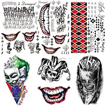 Squad Tattoos, Fake Tattoos For Kids, Joker Tattoos, Joker Halloween Costume, Monogram Tattoo, Harley Quinn Halloween Costume, Joker Tattoo Design, Harley Quinn Tattoo, Joker Halloween