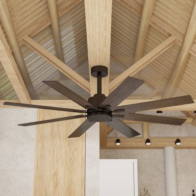 The fan is not only stylish but also reliable and energy efficient. It is ETL certified, making it safe and reliable, energy-efficient, and saving you money on your electricity bill. | Wade Logan® Camrynn 65" 8 - Blade Ceiling Fan w / Remote Control in Black / Brown | Wayfair Farmhouse Bedroom Fans Ceiling, Ceiling Fan On Beam Living Rooms, Vaulted Ceiling Ceiling Fan, 70 Inch Ceiling Fans, Ceiling Fans For Cathedral Ceilings, Wooden Fans Ceiling, Large Rustic Ceiling Fan, Black And Wood Ceiling Fan, Cathedral Ceiling Fans Living Room