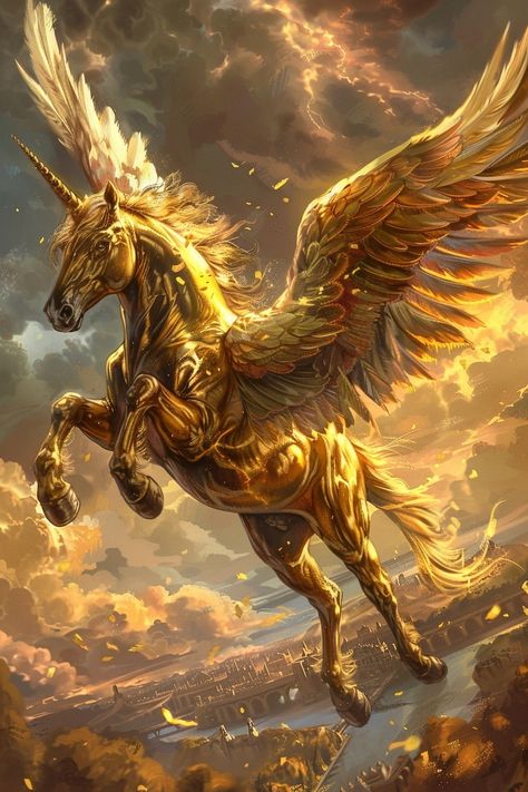 Pegasus Unicorn Fantasy Art, Mythical Horses Fantasy Art, Golden Creature, Mythical Horses, Pegasus Art, Flying Horse, Pegasus Unicorn, Mythical Creatures Fantasy, Magical Horses