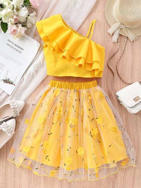 Yellow Cute Collar   Floral  Embellished Non-Stretch  Tween Girls Clothing Girl Clothes Ideas, Yellow Skirt Outfit, Sunflower Clothes, Comfy Trendy Outfits, Yellow Skirt Outfits, Collar Sleeveless Top, Mini Skirt Fashion, Yellow Skirt