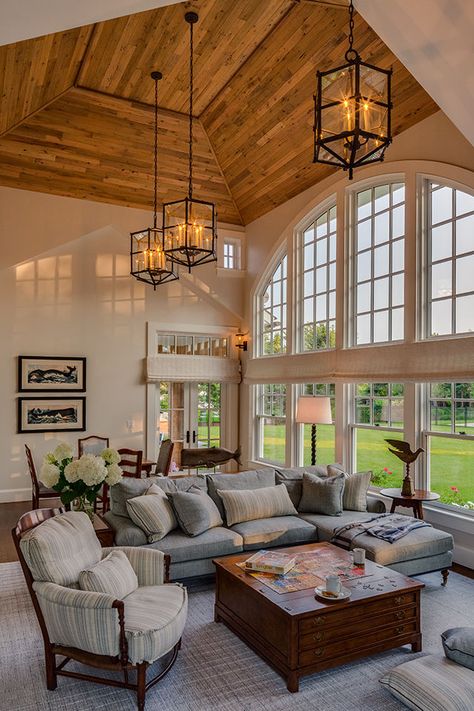 Designed and built in a historically important Cape Cod, Massachusetts location, this Shingle Style coastal home is endearing through the use of scale shifts. Cape Cod House Interior, Slc Interiors, Sunroom Decorating, Sunroom Designs, Cape House, Cape Cod House, New England Homes, Summer Living, Hamptons House