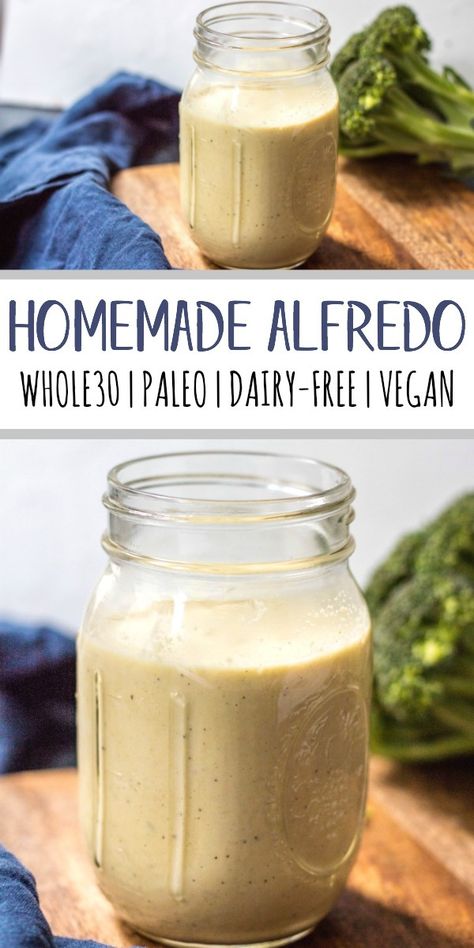 This homemade Whole30 Alfredo sauce is so thick and creamy, with a garlic and cheese-life flavor, except it's completely Paleo, vegan and dairy-free. It's cashew based, and only takes a few simple ingredients and a few minutes to whip up. This paleo alfredo sauce goes great over chicken, veggies, in casseroles and more! #whole30alfredo #dairyfreealfredo #whole30sauces #paleoalfredo #veganalfredo #whole30recipes Aip Alfredo Sauce, Whole 30 Chicken Alfredo, Dairy Free Paleo Recipes, Dairy Free Chicken Alfredo Sauce, Homemade Dairy Free Alfredo Sauce, Whole30 Pasta Sauce, Cashew Alfredo Sauce Vegan, Whole 30 Alfredo Sauce, Alfredo Sauce Recipe Dairy Free