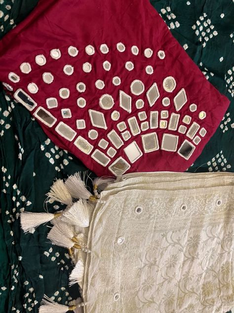 Pure Gaji silk & Hand Mirror work with pure Dola silk Dupatta Abhla Work Mirror Blouse, Mirror Work Dress Design, Gamthi Work, Mirror Work Dress, Garba Dress, Friend Drawings, Mirror Work Blouse Design, Kutch Work Designs, Mirror Work Blouse