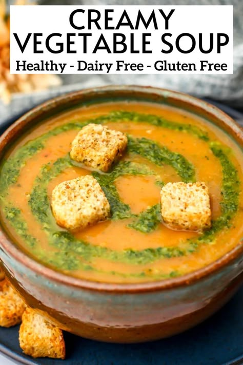 Creamy Veg Soup Recipes, Puree Veggie Soup, Paleo Veggie Soup, Dairy Free Vegetable Soup, Pureed Vegetable Soup Recipes, Creamy Roasted Veggie Soup, Veggie Puree Soup, Vegan Creamy Soup, Weeknight Soup