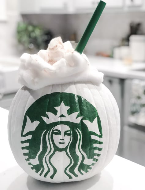 Painted pumpkin of a Starbucks pumpkin spice latte Pumpkin Painting Ideas For Classroom, Pumpkin Painting Ideas Starbucks, Starbucks Pumpkin Decorating, Pumpkin Decorating Paint Creative, Starbucks Painted Pumpkin, Starbucks Pumpkin Painting, Starbucks Pumpkin Decorating Ideas, Coffee Pumpkin Painting, Pumpkin Design Ideas Painting