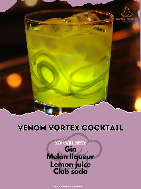 🐍 Venom Vortex Cocktail: Stir up excitement with this bold and daring drink! 🌀🍸 #BoldCocktails #ExcitingFlavors Venom Vortex Cocktail Ingredients: Gin (1 oz) Melon liqueur (1/2 oz) Lemon juice (1/2 oz) Club soda (top off) Instructions: Shake gin, melon liqueur, and lemon juice with ice. Strain into a glass and top with club soda. 🌀 Get caught in the excitement of the Venom Vortex Cocktail! 🐍🍸 #DaringDrinks #CocktailAdventure Funny Drink Names, Extravagant Cocktails, Lemon Juice Recipes, Halloween Party Drinks, Cocktail Gin, Drink Names, Melon Liqueur, Cocktail Drinks Alcoholic, Top Cocktails