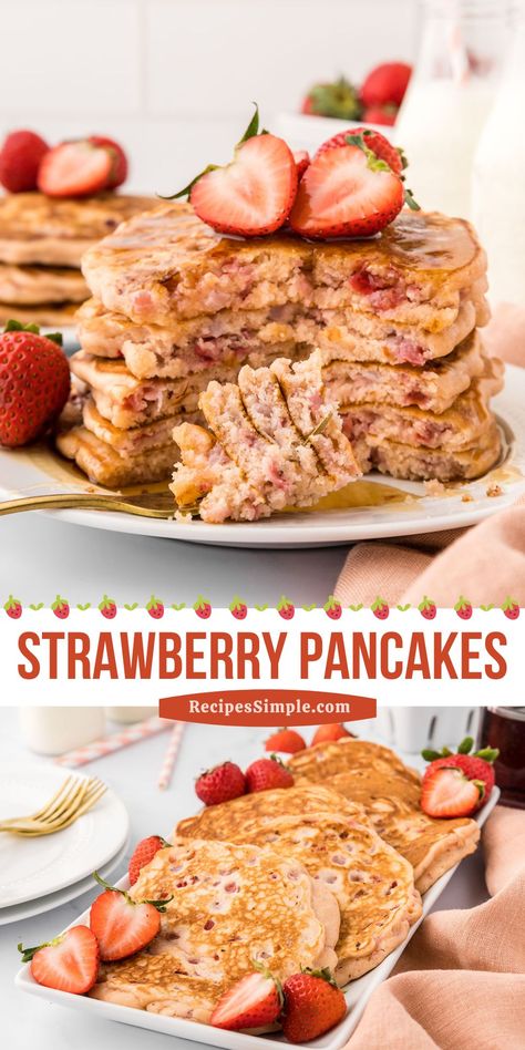 These homemade strawberry pancakes are bursting with fresh strawberry flavor and are a delicious treat for breakfast or brunch. It's an easy pancake recipe that everyone will love! Strawberry Lemon Chia Pancakes, Healthy Breakfast Pancake, Strawberry Chocolate Pancakes, Strawberry Oatmeal Pancakes, Frozen Strawberry Breakfast Recipes, Healthy Strawberry Pancakes, Strawberry Oat Pancakes, Homemade Easy Pancakes, Strawberry Waffles Recipe