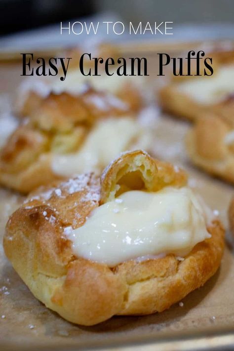 homemade cream puffs filled with pudding setting on a parchment lined baking sheet. Easy Cream Puff Filling, Easy Cream Puffs, Cream Puffs Recipe Easy, Homemade Cream Puffs, Cream Puffs Recipe, Cream Puffs Easy, Silky Pudding, Cream Puff Filling, Cream Puff Recipe