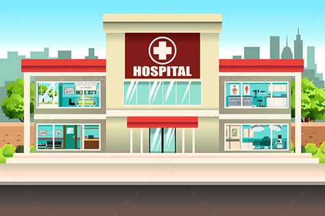 Hospital Building Cartoon Hospital Building, Hospital Animation, School Building Illustration, Hospital Illustration, Hospital Cartoon, Animal Infographic, Art Competition Ideas, Hospital Building, Community Places